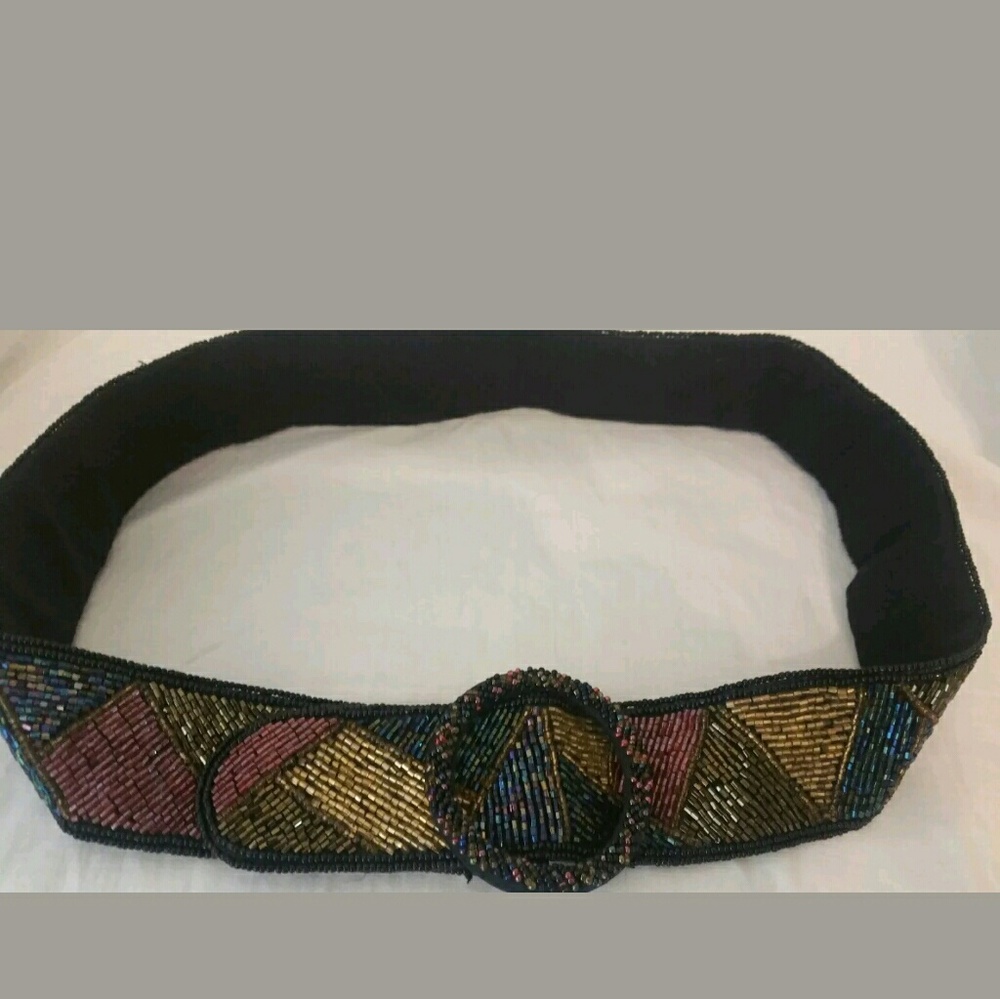 Beaded Belt Crown Pacific Black Multi Sz M Vntg